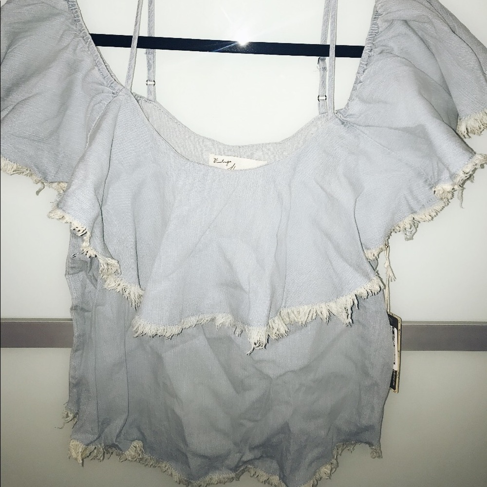 Denim frayed off the shoulder top